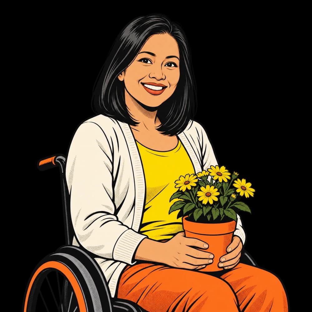 Illustration of a smiling woman in a wheelchair holding a flowering plant