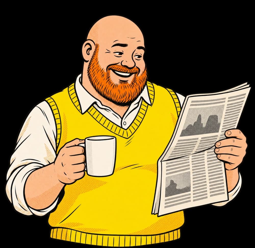 Illustration of a man reading the newspaper, mug in hand